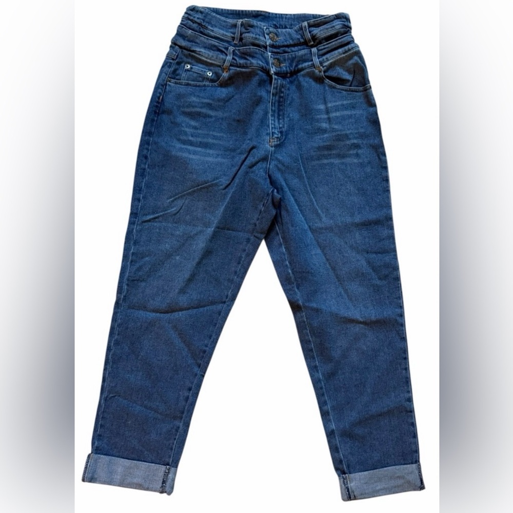 SONCY DOUBLE WAISTBAND JEANS DENIM MEDIUM INDIGO CUFFED JEANS SIZE 12 NWT
